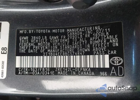 2011 Toyota Corolla Le from USA, damaged, VIN 2T1BU4EE8BC574847